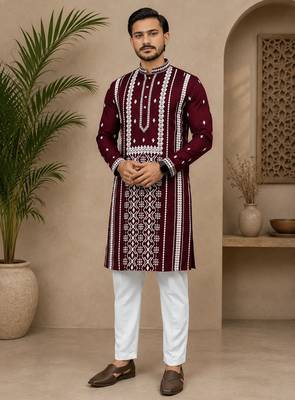 Maroon color embroidery and silver sequence work silk men's kurta payjama set 2