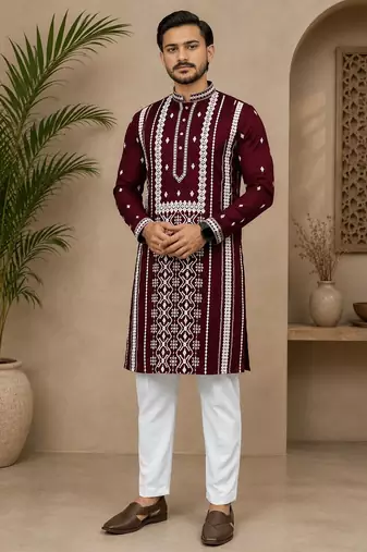 Maroon color embroidery and silver sequence work silk men's kurta payjama set