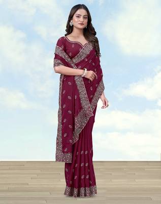 Wine georgette embroidery work saree with unstitched blouse piece 2