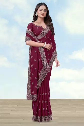 Wine georgette embroidery work saree with unstitched blouse piece