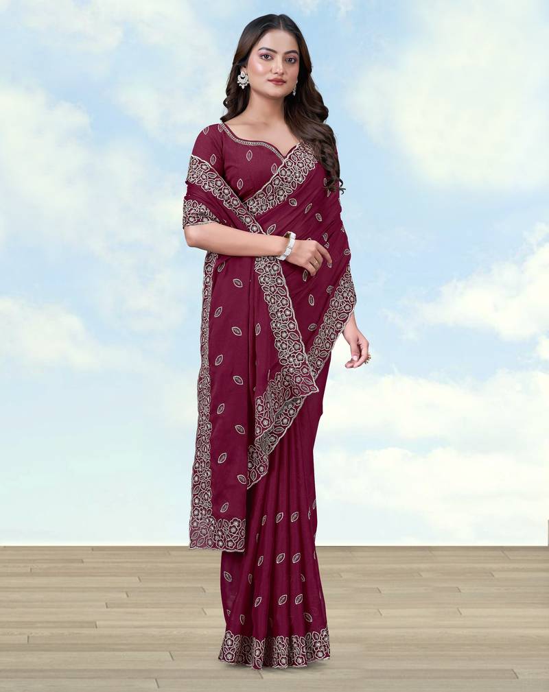Wine georgette embroidery work saree with unstitched blouse piece