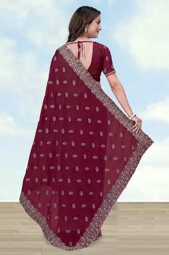 Wine georgette embroidery work saree with unstitched blouse piece
