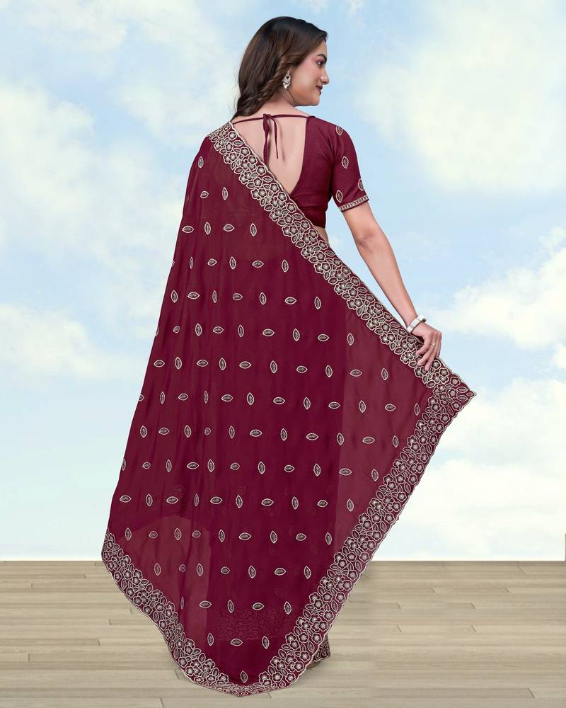 Wine georgette embroidery work saree with unstitched blouse piece