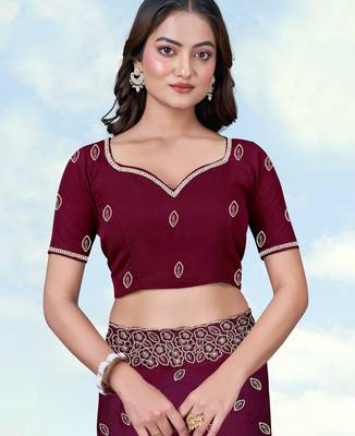 Wine georgette embroidery work saree with unstitched blouse piece 5