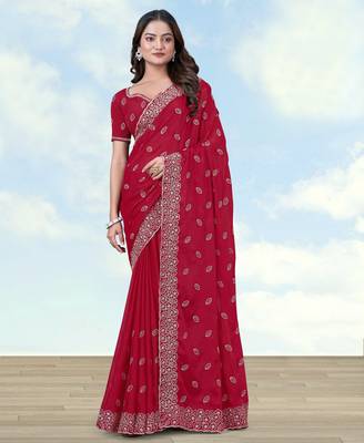Pink georgette embroidery work saree with unstitched blouse piece 1