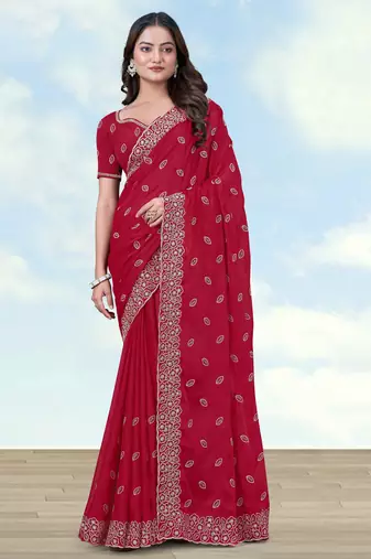 Pink georgette embroidery work saree with unstitched blouse piece