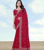 Pink georgette embroidery work saree with unstitched blouse piece