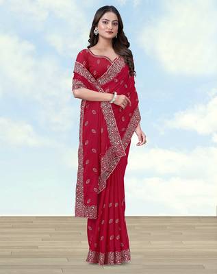 Pink georgette embroidery work saree with unstitched blouse piece 2