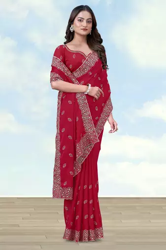 Pink georgette embroidery work saree with unstitched blouse piece