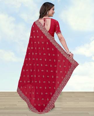 Pink georgette embroidery work saree with unstitched blouse piece 3