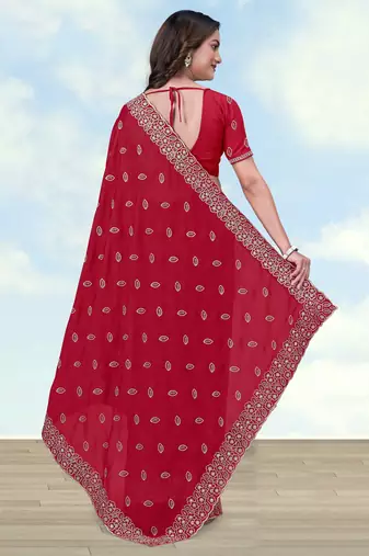 Pink georgette embroidery work saree with unstitched blouse piece