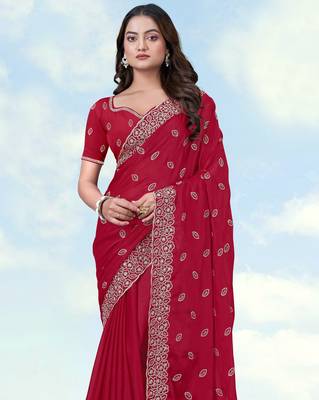 Pink georgette embroidery work saree with unstitched blouse piece 4