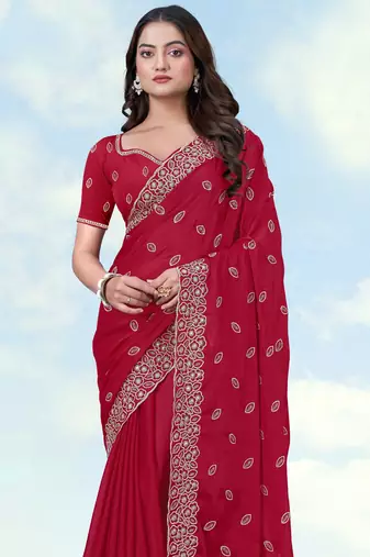 Pink georgette embroidery work saree with unstitched blouse piece