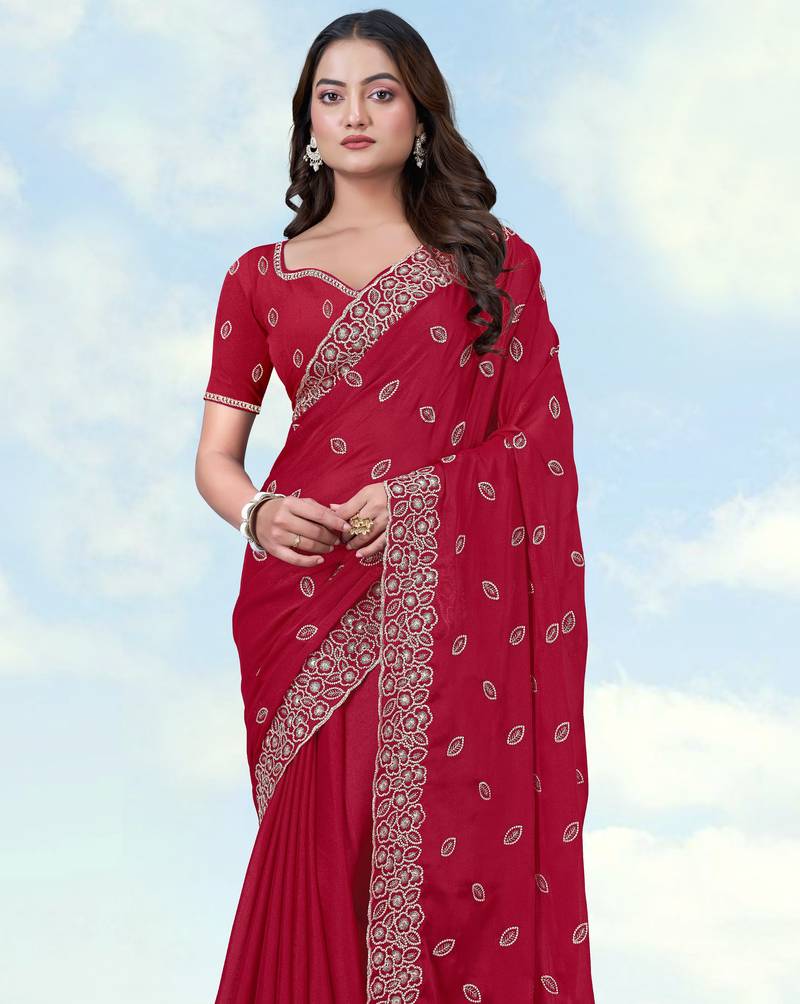 Pink georgette embroidery work saree with unstitched blouse piece