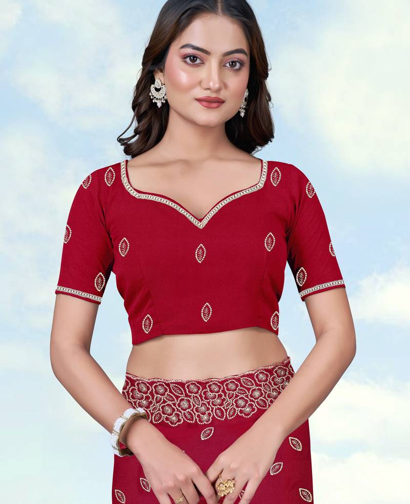 Pink georgette embroidery work saree with unstitched blouse piece