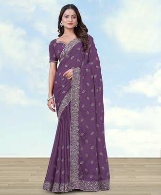 Lavender georgette embroidery work saree with unstitched blouse piece 1