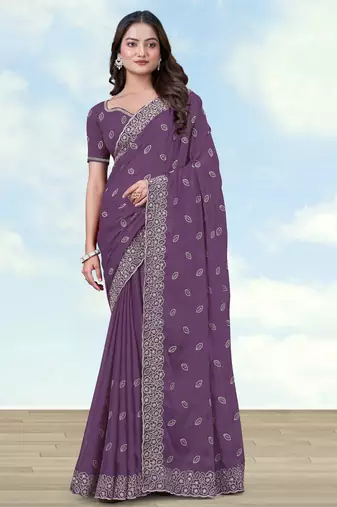Lavender georgette embroidery work saree with unstitched blouse piece