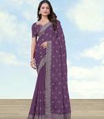 Lavender georgette embroidery work saree with unstitched blouse piece