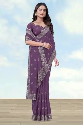 Lavender georgette embroidery work saree with unstitched blouse piece