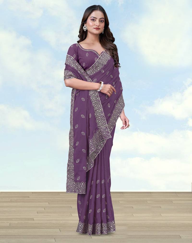Lavender georgette embroidery work saree with unstitched blouse piece
