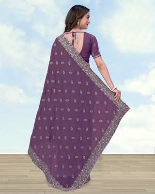Lavender georgette embroidery work saree with unstitched blouse piece 3