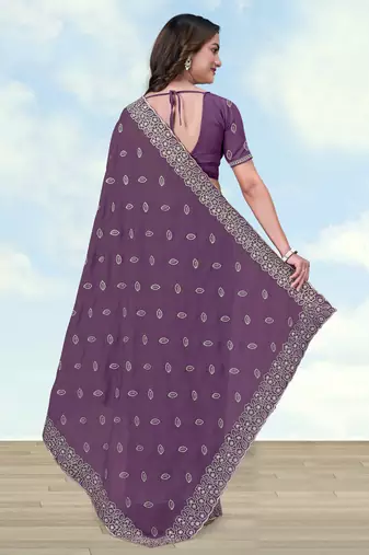 Lavender georgette embroidery work saree with unstitched blouse piece