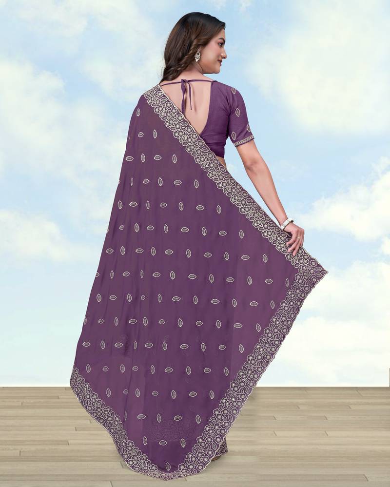 Lavender georgette embroidery work saree with unstitched blouse piece