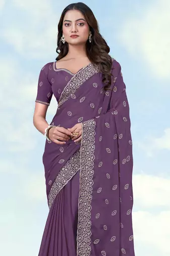 Lavender georgette embroidery work saree with unstitched blouse piece