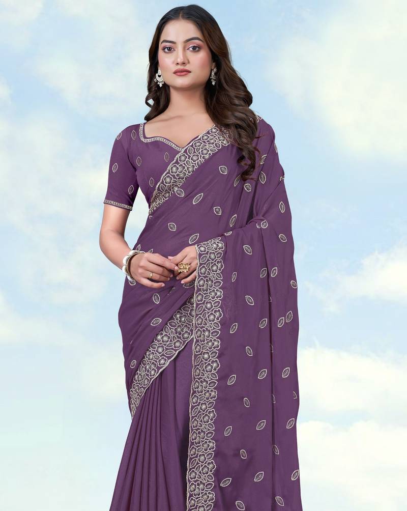Lavender georgette embroidery work saree with unstitched blouse piece