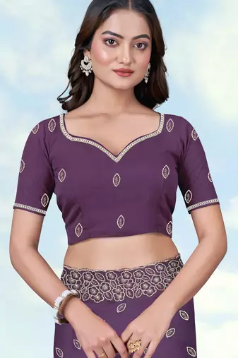 Lavender georgette embroidery work saree with unstitched blouse piece