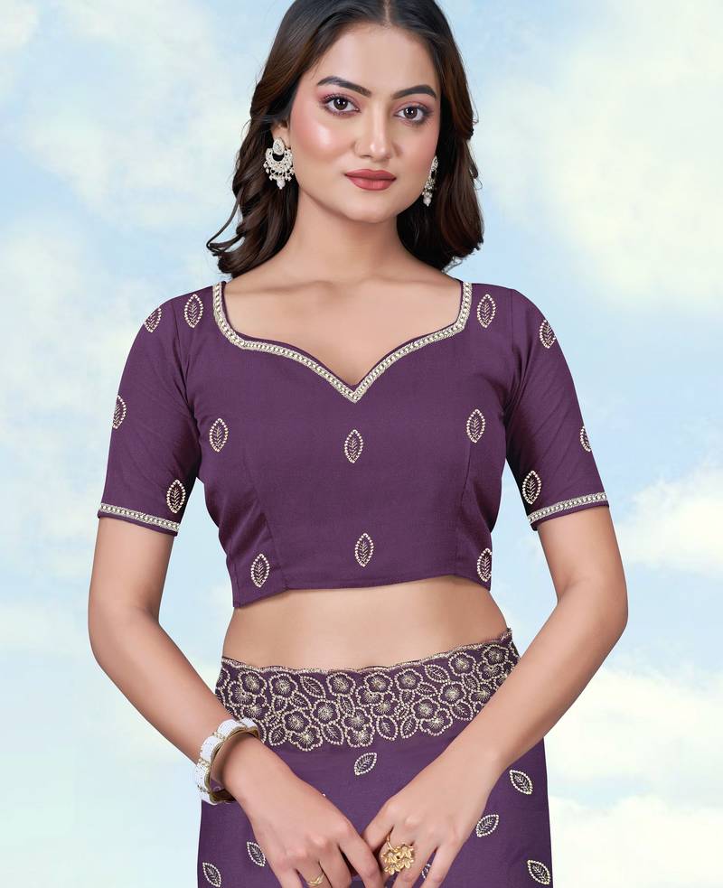Lavender georgette embroidery work saree with unstitched blouse piece