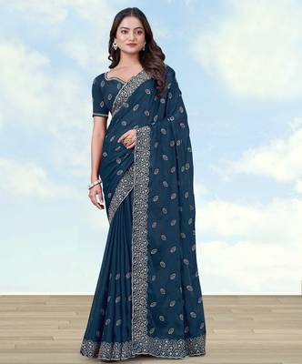 Rama georgette embroidery work saree with unstitched blouse piece 1