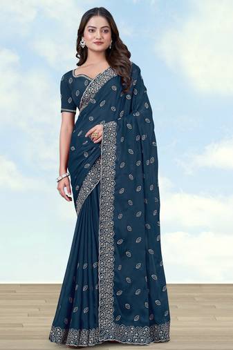 Rama georgette embroidery work saree with unstitched blouse piece