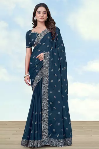 Rama georgette embroidery work saree with unstitched blouse piece