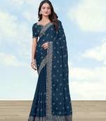 Rama georgette embroidery work saree with unstitched blouse piece