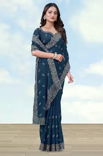 Rama georgette embroidery work saree with unstitched blouse piece