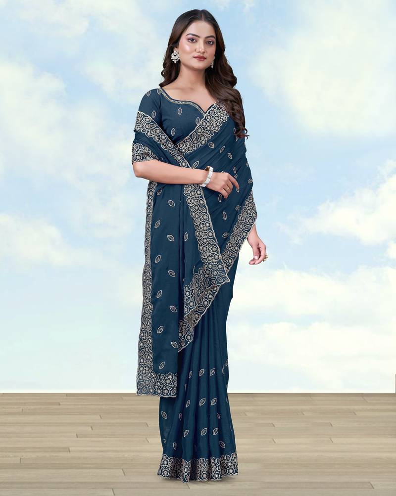 Rama georgette embroidery work saree with unstitched blouse piece