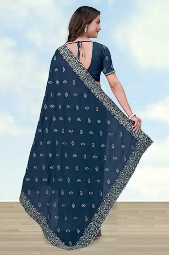 Rama georgette embroidery work saree with unstitched blouse piece
