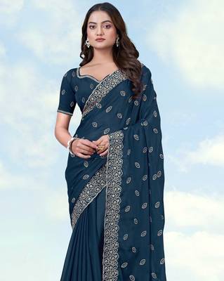 Rama georgette embroidery work saree with unstitched blouse piece 4