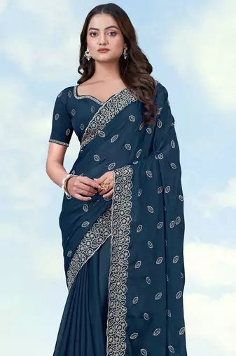 Rama georgette embroidery work saree with unstitched blouse piece
