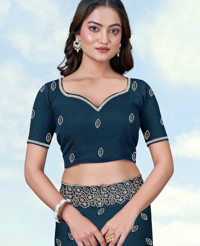Rama georgette embroidery work saree with unstitched blouse piece