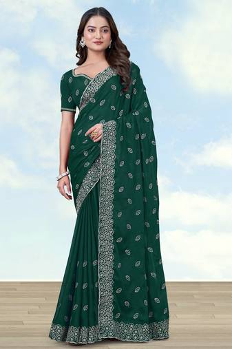 Green georgette embroidery work saree with unstitched blouse piece