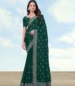 Green georgette embroidery work saree with unstitched blouse piece