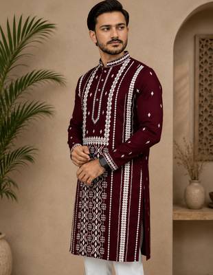Maroon color embroidery and silver sequence work silk men's kurta payjama set 3