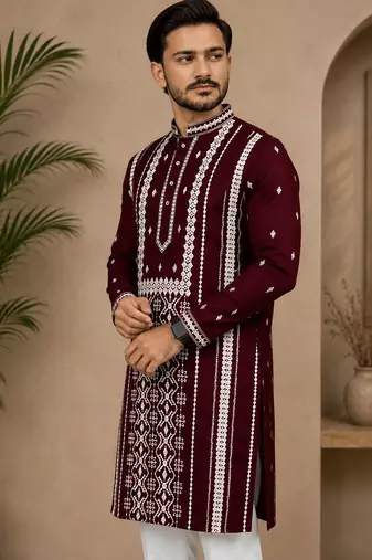 Maroon color embroidery and silver sequence work silk men's kurta payjama set