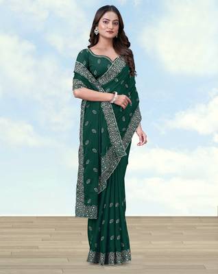 Green georgette embroidery work saree with unstitched blouse piece 2
