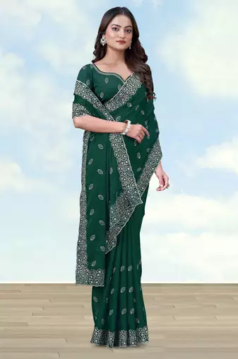 Green georgette embroidery work saree with unstitched blouse piece