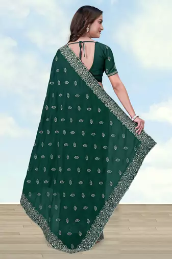 Green georgette embroidery work saree with unstitched blouse piece