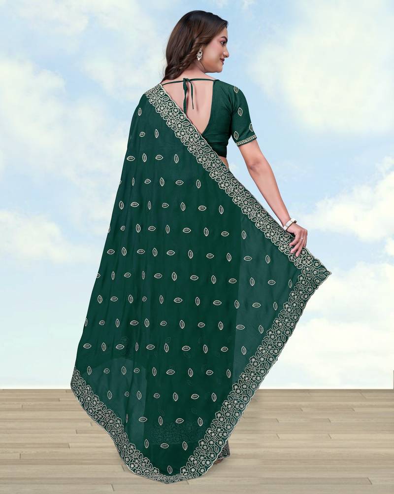 Green georgette embroidery work saree with unstitched blouse piece