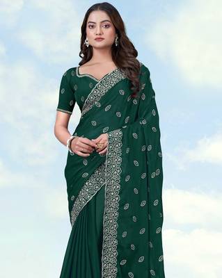 Green georgette embroidery work saree with unstitched blouse piece 4